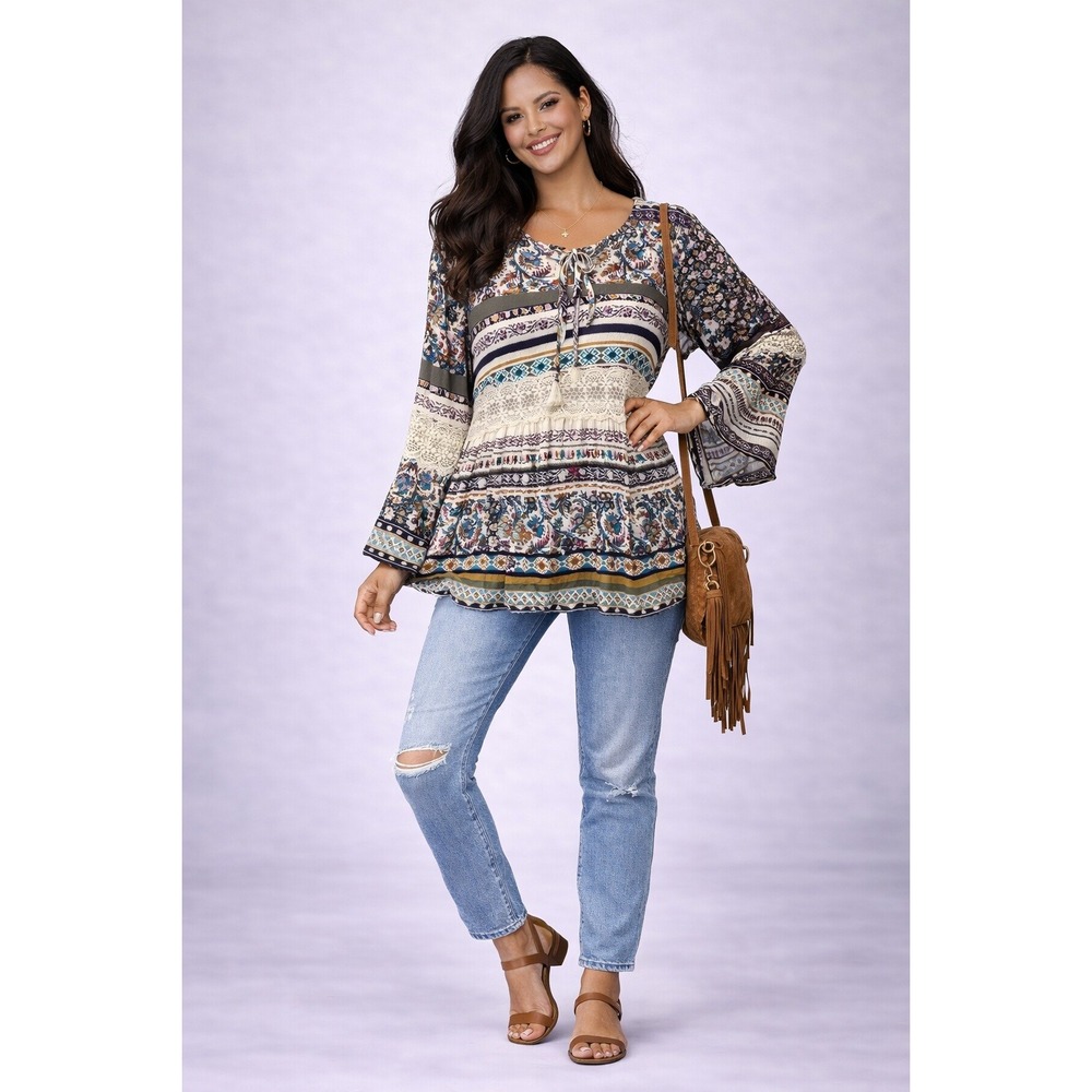 Mossimo Supply Co Boho Peasant Top Small Lace Trim Tribal Floral Blouse